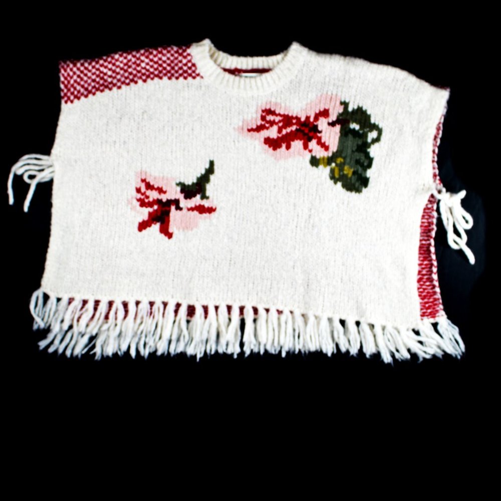 Twinset Simona Barbieri Poncho Floral Intarsia Knit Tie Sides Fringe Pullover - Picture 9 of 12